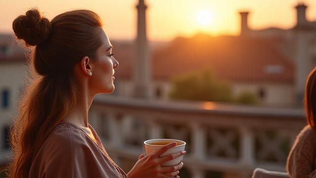 Donna pensierosa su un balcone romano al tramonto, simbolo di quiete mentale
