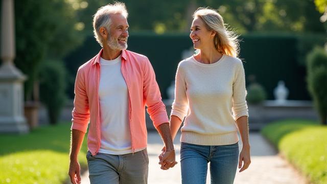 Coppia adulta che passeggia mano nella mano in un parco romano, simbolo di uno stile di vita attivo e sereno