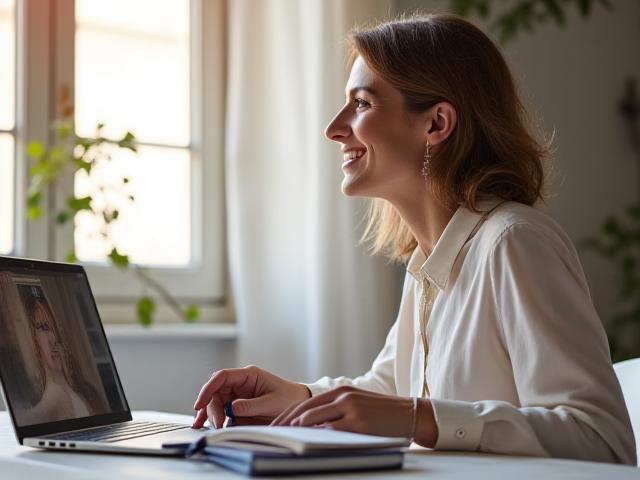 Donna serena e concentrata in videochiamata con un coach, simbolo di connessione e supporto personalizzato.