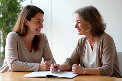 Un'esperta nutrizionista di Aurora Benessere sorride mentre conversa con un cliente adulto, seduti a un tavolo luminoso che porta un quaderno con un piano alimentare.