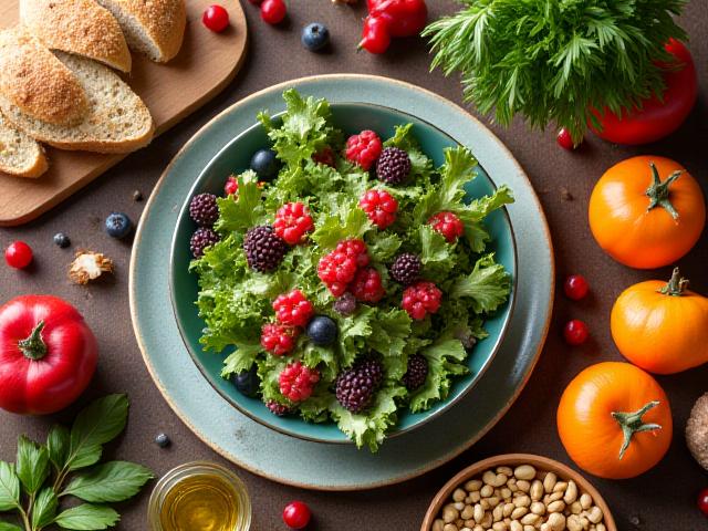 Cibo sano e colorato che include frutta fresca, verdure, cereali e olio d'oliva, disposti elegantemente su un tavolo di legno.