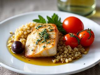Piatto colorato di cibo mediterraneo con pesce, olive, pomodori e erbe aromatiche.
