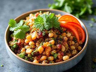 Variegata selezione di verdure fresche, legumi e cereali integrali che compongono un pasto plant-based.