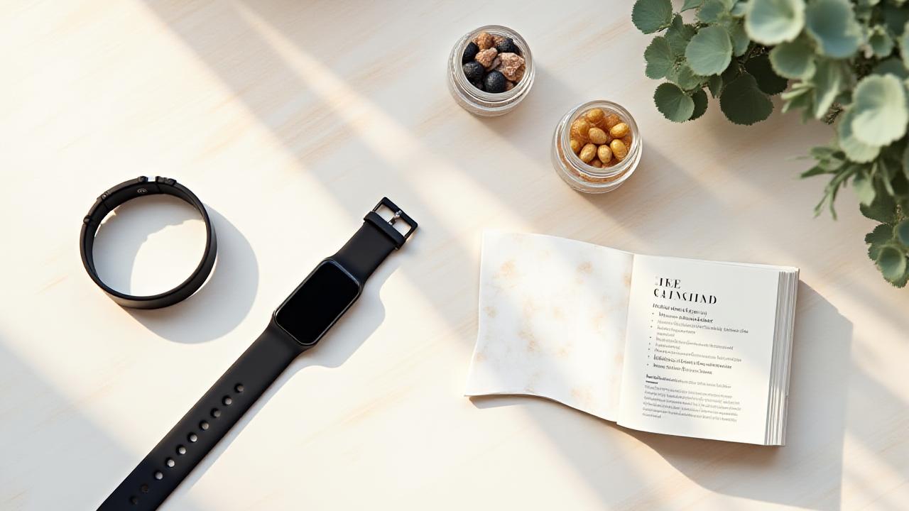Composizione flat-lay elegante con prodotti wellness come un activity tracker, integratori e un libro sul benessere.