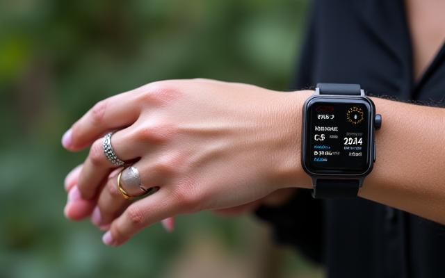 Close-up di una mano di donna di 45 anni che indossa un anello smart e un braccialetto fitness mentre consulta uno smartwatch con dati di benessere sul display