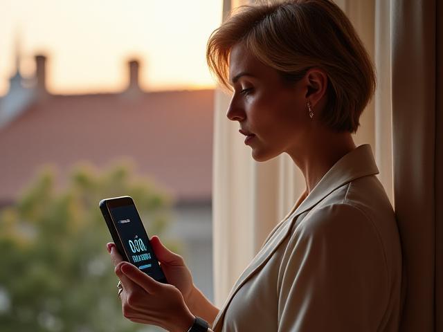 Donna di 40-50 anni che guarda un'app di benessere sul suo smartphone, con dati di un anello o orologio smart visibili in background