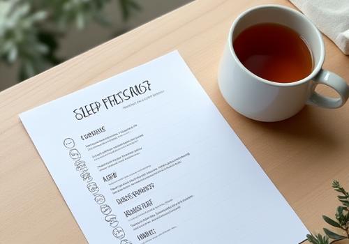 Illustrazione di una checklist ben organizzata con icone relative al sonno e al benessere, su un tavolo con una tazza di tisana e una pianta, evocando tranquillità.