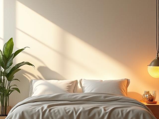 Una camera da letto serena e minimale con luce soffusa, materasso immacolato e tessuti naturali, ispirando tranquillità per un riposo ristoratore.