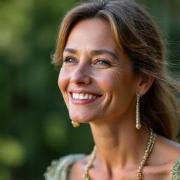 Donna sorridente e serena che guarda l'orizzonte, simboleggiando benessere e un futuro positivo.